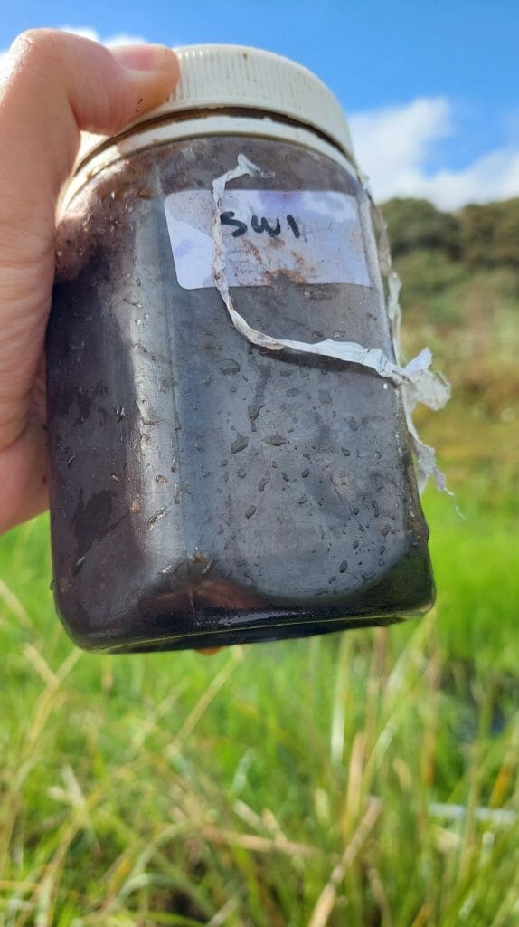 a hand holding a sample jar