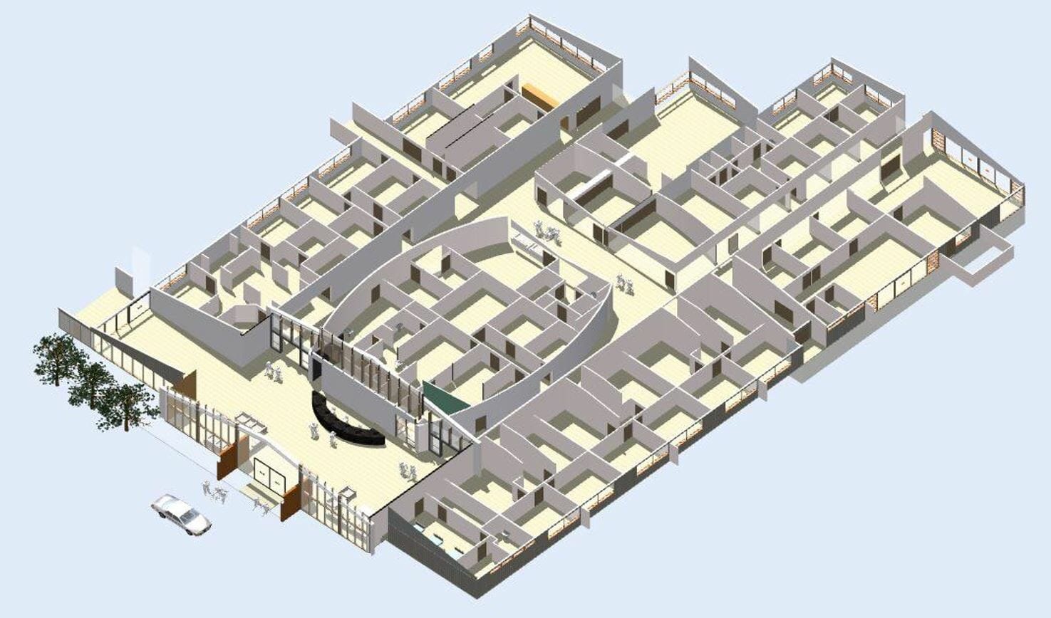 a 3d model of a hospital building layout